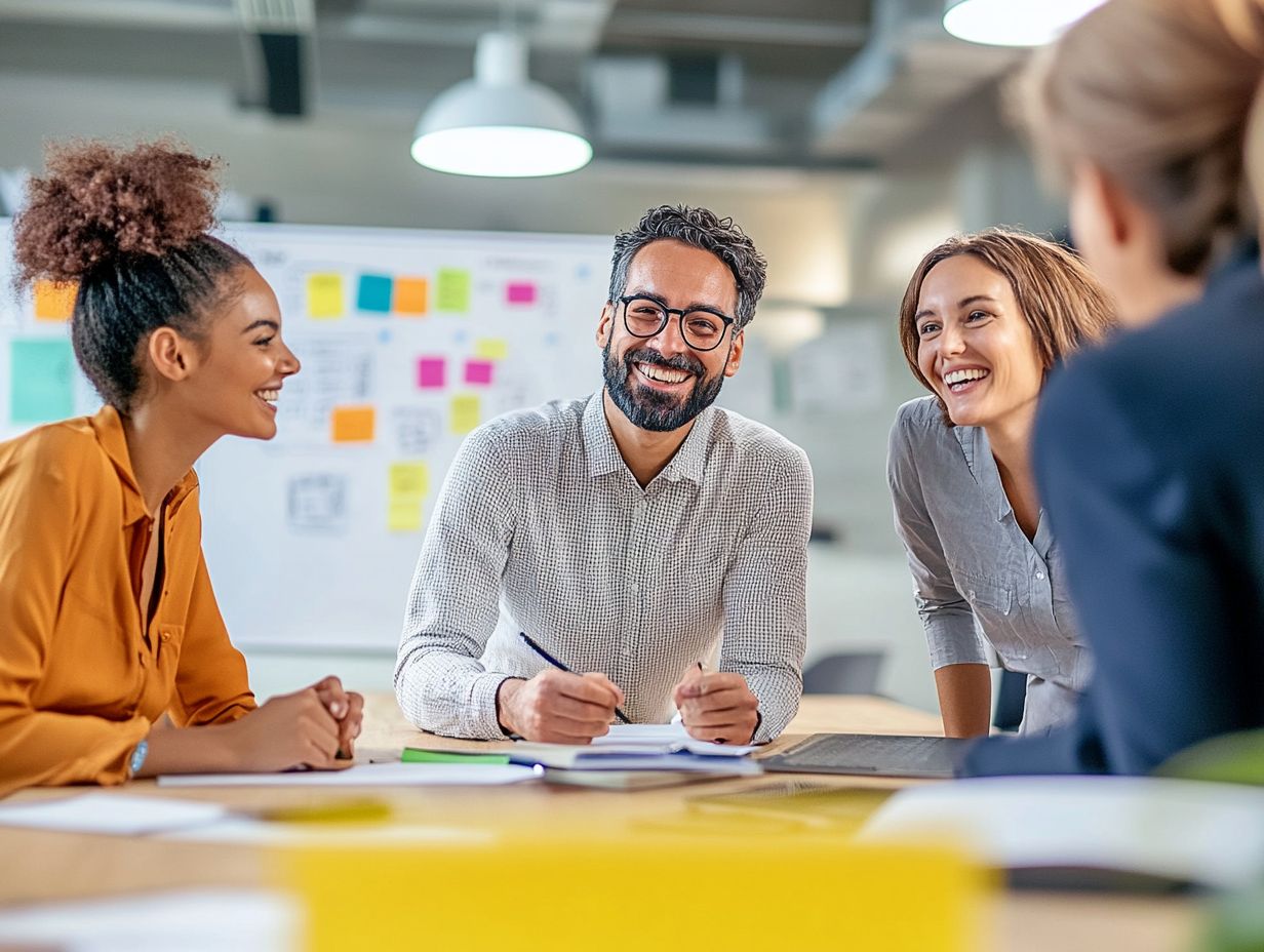 Team members sharing positive experiences in a meeting